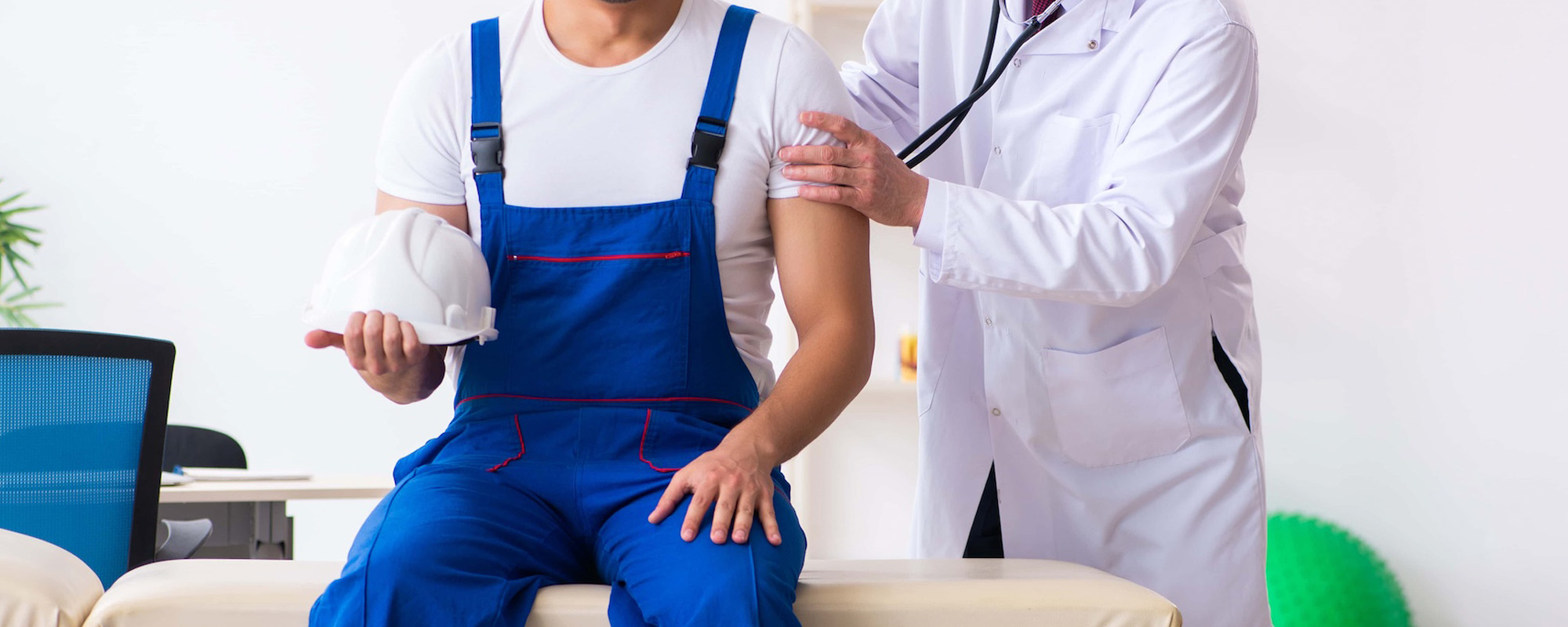young male contractor visiting old doctor