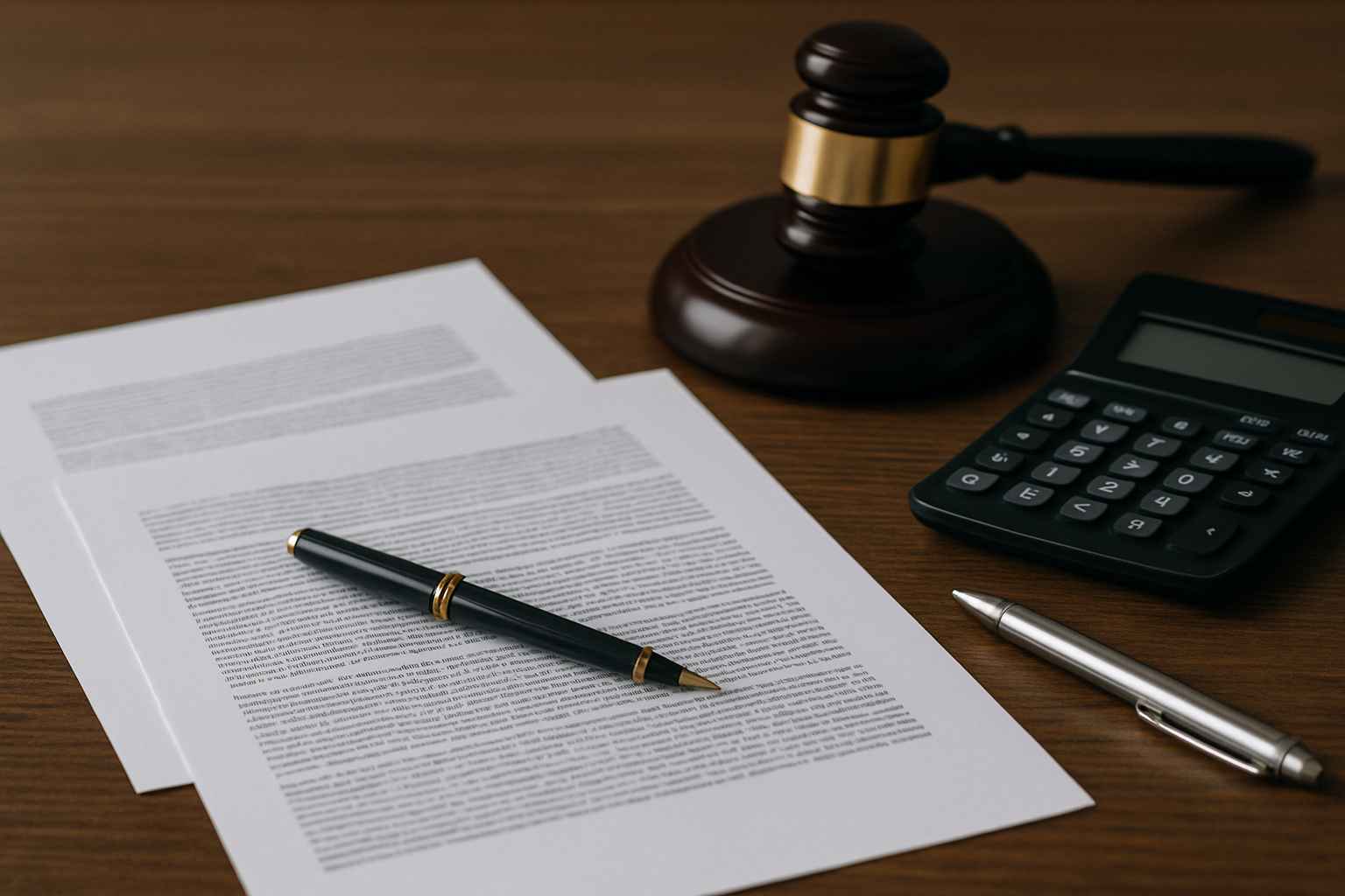 legal documents with a gavel and calculator on a table