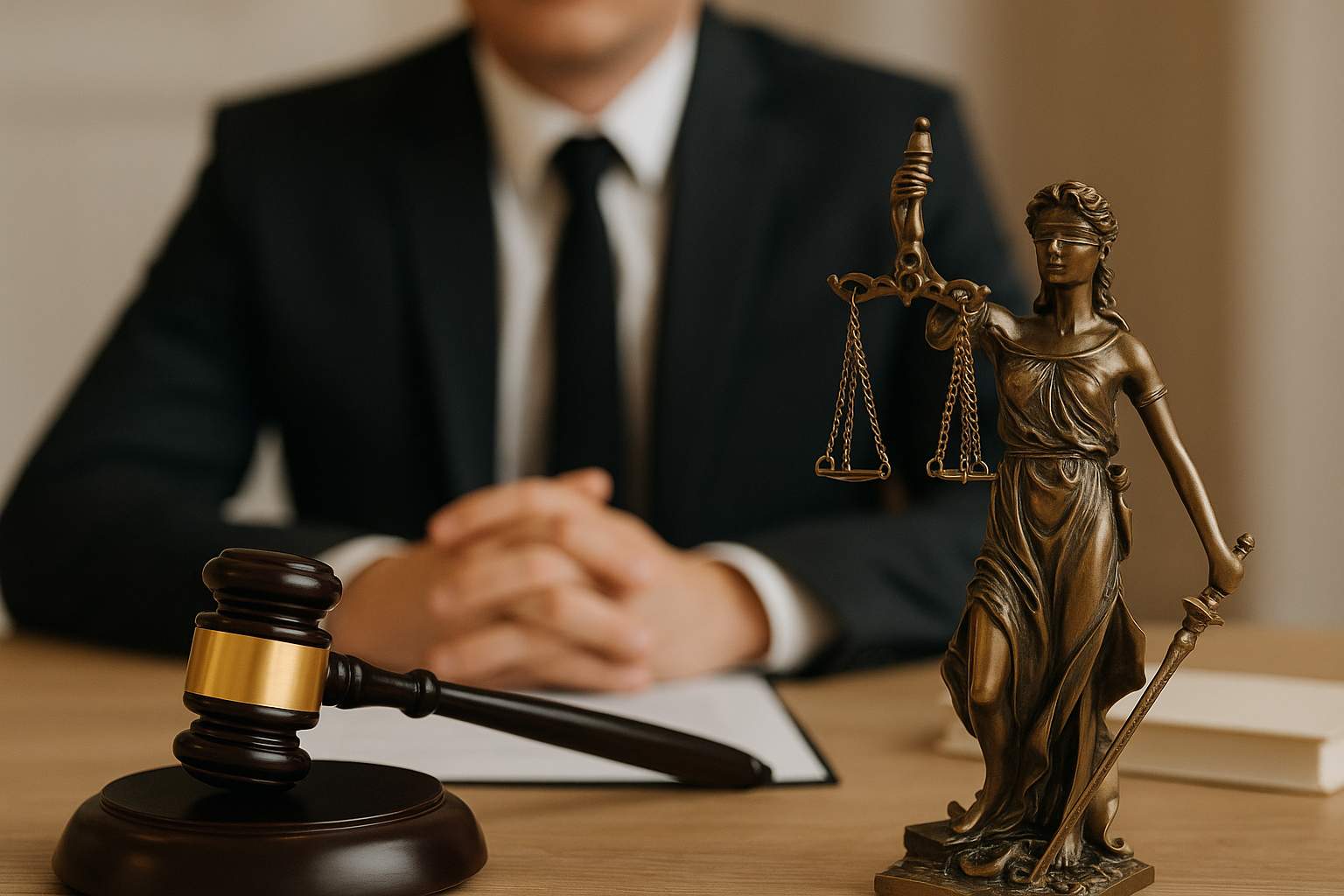 lawyer with gavel and lady justice statute on his desk