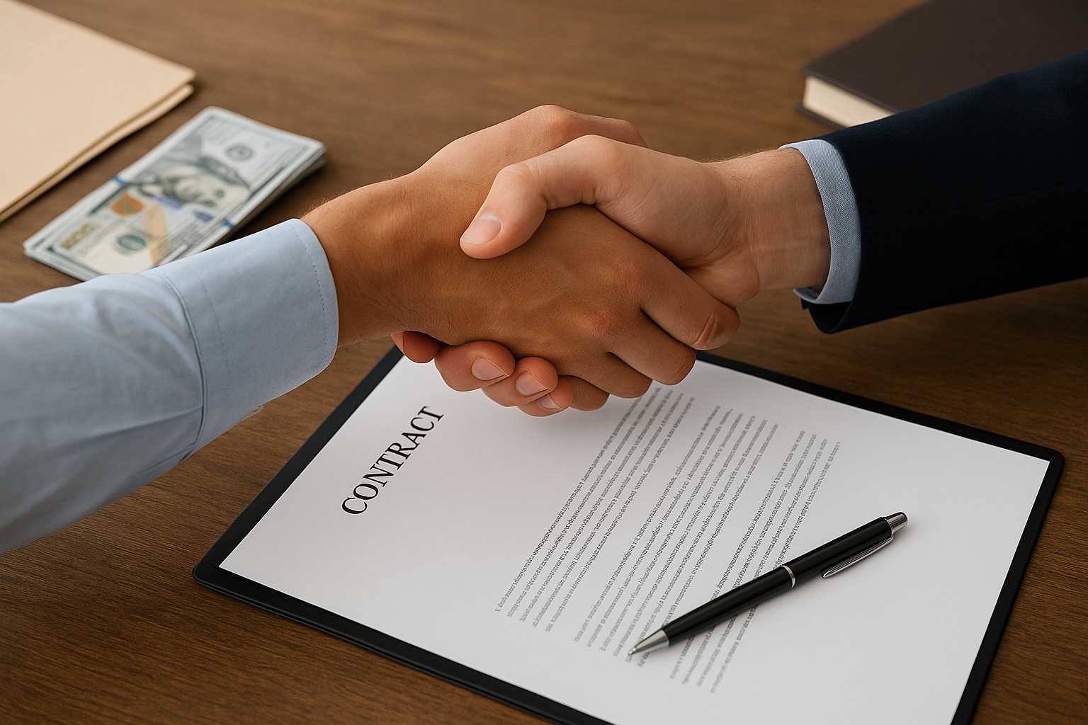 businessmen shaking hands over a contract