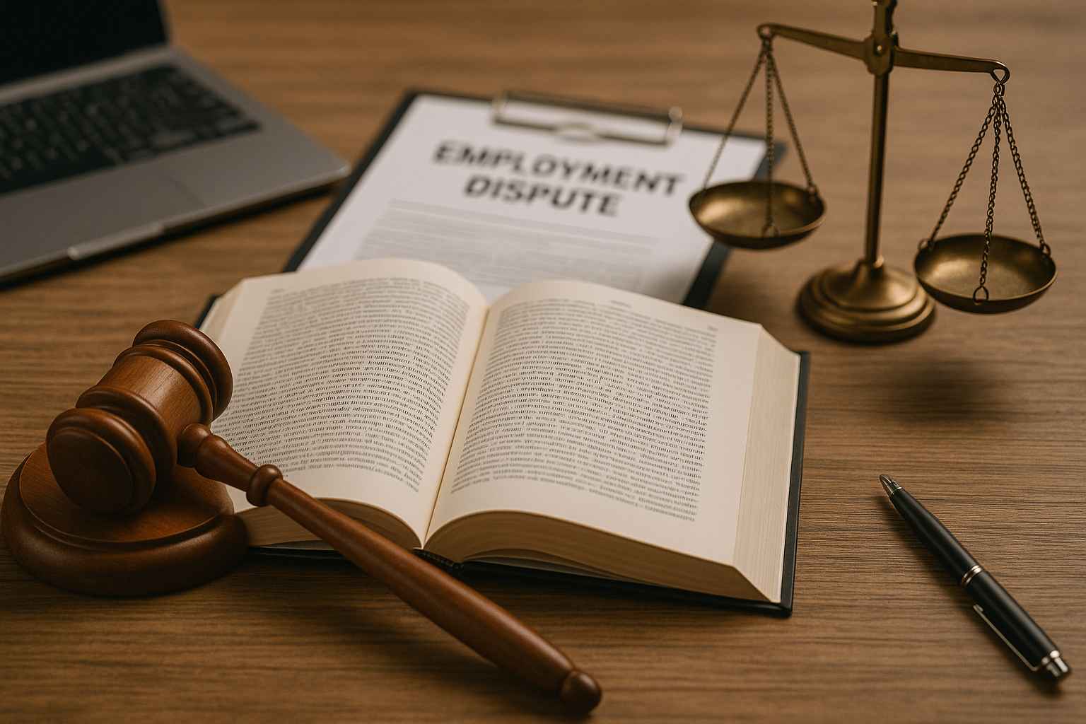 book, clipboard and gavel on desk