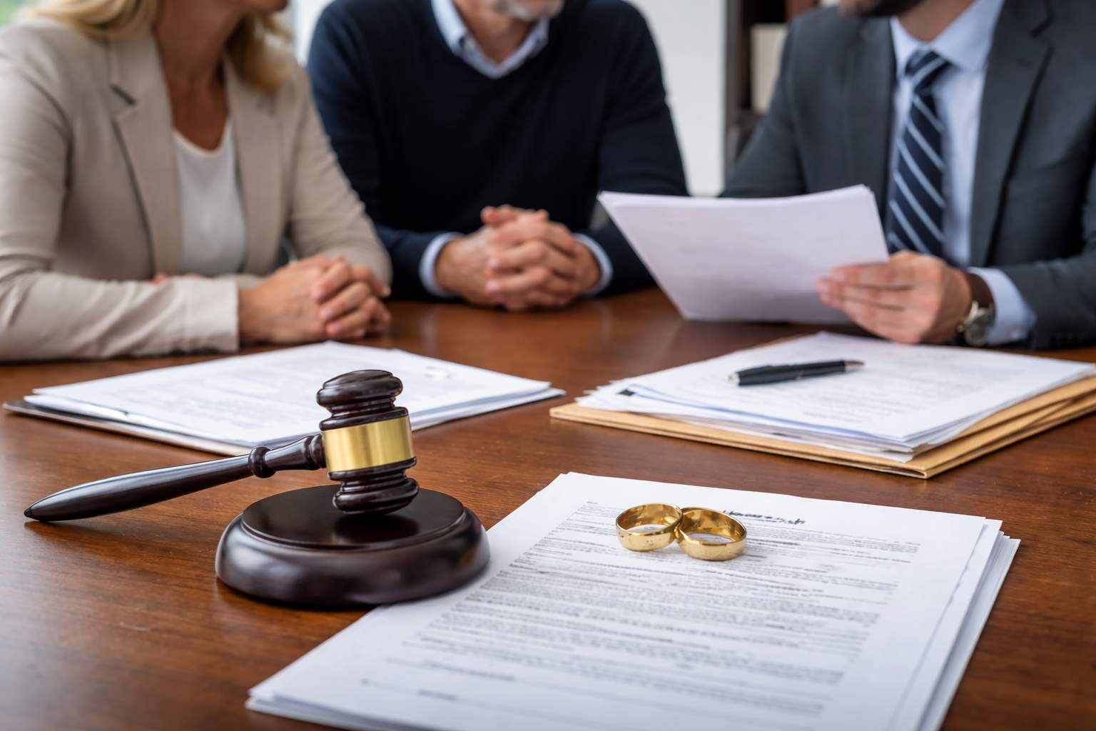 couple sitting around a table with wedding rings on it