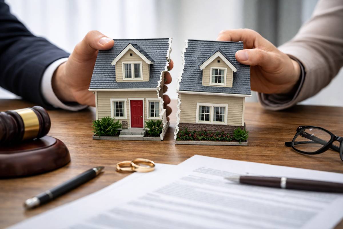 spouses pulling a model of a house apart